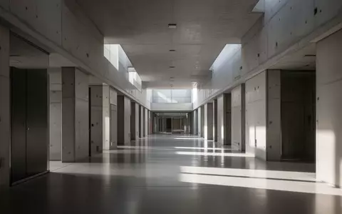 Leeres, architektonisch minimalistisches Foyer eines modernen Verwaltungsgebäudes mit Betonwänden und einfallendem Tageslicht. - Foto: über boerse-global.de