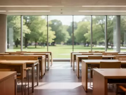 Leerer, sonnendurchfluteter Lernbereich in einer Universitätsbibliothek mit Blick auf einen grünen Campus. - Foto: über boerse-global.de