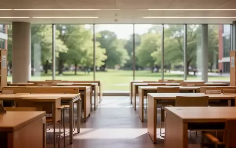 Leerer, sonnendurchfluteter Lernbereich in einer Universitätsbibliothek mit Blick auf einen grünen Campus. - Foto: über boerse-global.de