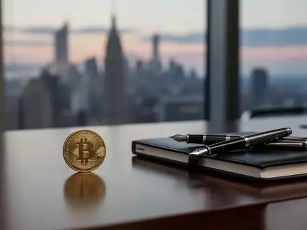 Ein physischer Bitcoin auf einem Schreibtisch vor einer verschwommenen Skyline bei Dämmerung. - Foto: über boerse-global.de