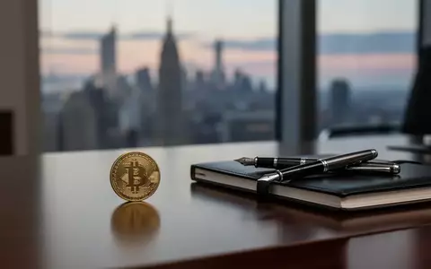Ein physischer Bitcoin auf einem Schreibtisch vor einer verschwommenen Skyline bei Dämmerung. - Foto: über boerse-global.de
