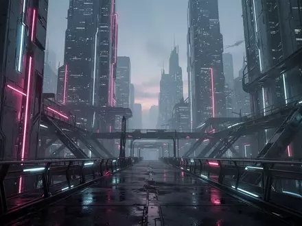 Eine futuristische Cyberpunk-Metropole mit hoch aufragenden Wolkenkratzern und neonbeleuchteten Metallstrukturen bei Dämmerung. - Foto: über boerse-global.de