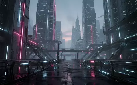Eine futuristische Cyberpunk-Metropole mit hoch aufragenden Wolkenkratzern und neonbeleuchteten Metallstrukturen bei Dämmerung. - Foto: über boerse-global.de