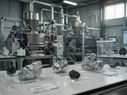 Industrielle Anlage zur Verarbeitung von Seltenen Erden mit metallischen Proben in einem Labor. - Foto: über boerse-global.de