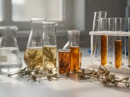 Laborumgebung mit Glasgefäßen und botanischen Extrakten zur Erforschung natürlicher Wirkstoffe in der Medizin. - Foto: über boerse-global.de