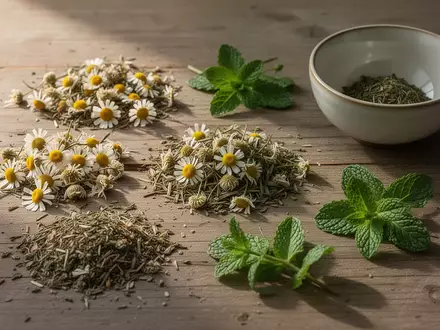 Getrocknete Kräuter und Blüten auf einem Holztisch als Symbol für Entspannung und Achtsamkeit. - Foto: über boerse-global.de