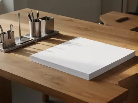 Ein sauberer, minimalistischer Schreibtisch aus Eichenholz mit leeren weißen Papierstapeln und Metallzubehör bei Tageslicht. - Foto: über boerse-global.de