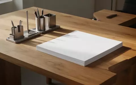 Ein sauberer, minimalistischer Schreibtisch aus Eichenholz mit leeren weißen Papierstapeln und Metallzubehör bei Tageslicht. - Foto: über boerse-global.de