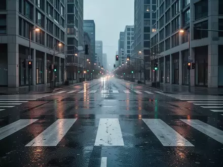 Eine menschenleere, regennasse Stadtkreuzung bei Dämmerung mit Fokus auf die städtische Infrastruktur. - Foto: über boerse-global.de