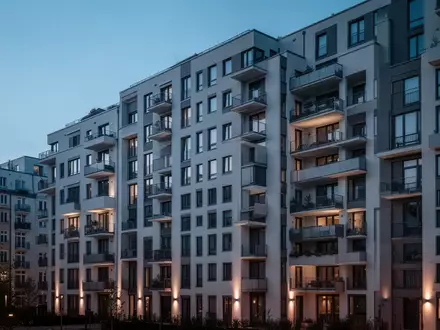Ein modernes Wohngebäude in einer deutschen Stadt bei Dämmerung, das die städtische Architektur und Wohnsituation verdeutlicht. - Foto: über boerse-global.de