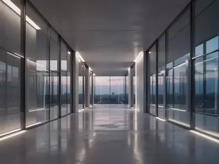 Ein minimalistischer, moderner Flur in einem Glasgebäude mit reflektierenden Oberflächen bei Dämmerung. - Foto: über boerse-global.de