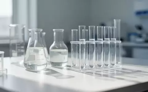 Nahaufnahme von gläsernen Laborgefäßen mit klaren Flüssigkeiten in einer sterilen medizinischen Laborumgebung. - Foto: über boerse-global.de