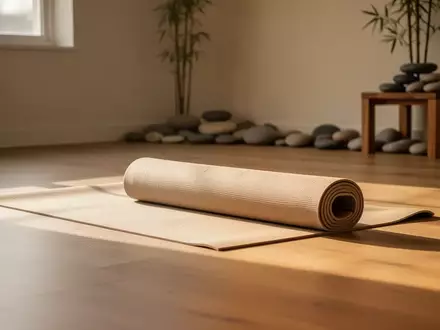 Minimalistischer Wellness-Raum mit einer ausgerollten Yogamatte in warmem Morgenlicht, symbolisch für Entspannung und Körperarbeit. - Foto: über boerse-global.de