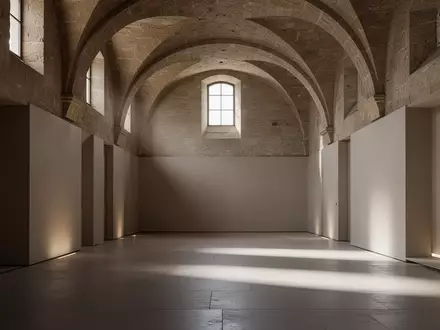 Ein heller, minimalistischer Innenraum mit hohen Bogengewölben und natürlichem Lichteinfall in einem historischen Gebäude. - Foto: über boerse-global.de