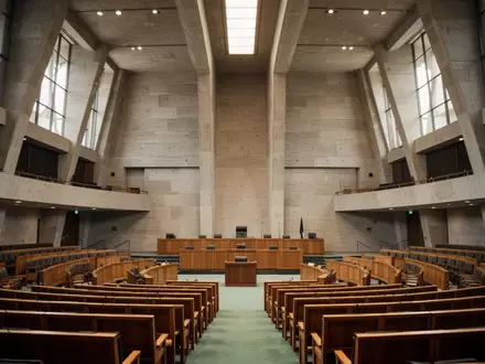 Die leeren Sitzreihen und die Architektur im australischen Parlamentsgebäude in Canberra. - Foto: über boerse-global.de