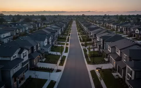 Ein modernes Wohngebiet in der Abenddämmerung aus der Vogelperspektive mit ordentlichen Häuserreihen und ruhigen Straßen. - Foto: über boerse-global.de