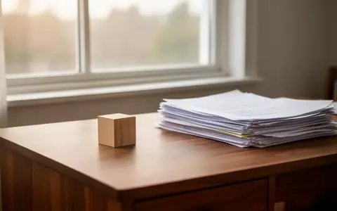Ein minimalistischer Schreibtisch mit einem hölzernen Spielzeugblock und Dokumenten in einem sonnendurchfluteten Raum. - Foto: über boerse-global.de