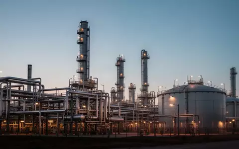Industrielle Raffinerieanlage mit Rohrleitungen und Speichertanks bei Dämmerung. - Foto: über boerse-global.de