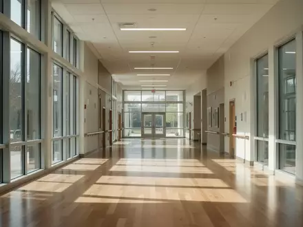 Ein heller, moderner Flur in einem Gemeindezentrum mit poliertem Holzboden und weitem Lichteinfall. - Foto: über boerse-global.de