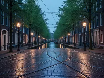 Eine nächtliche, leere Straße in Amsterdam mit Kopfsteinpflaster, Straßenbahnschienen und historischer Architektur. - Foto: über boerse-global.de
