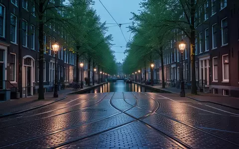Eine nächtliche, leere Straße in Amsterdam mit Kopfsteinpflaster, Straßenbahnschienen und historischer Architektur. - Foto: über boerse-global.de