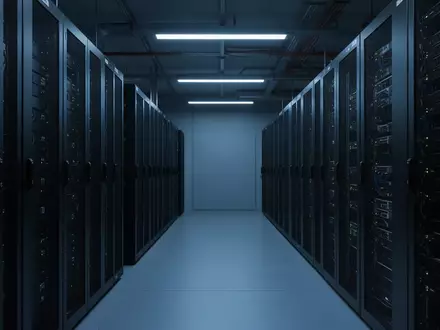Ein minimalistischer Serverraum mit dunklen, modernen Hardware-Racks in einer kühlen, blau beleuchteten Umgebung. - Foto: über boerse-global.de
