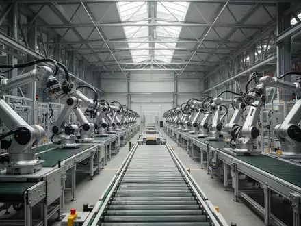Leere, moderne Industriehalle mit stillstehenden Roboterarmen über unbesetzten Fertigungsbändern. - Foto: über boerse-global.de
