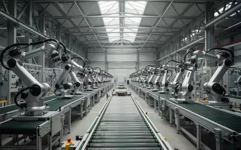 Leere, moderne Industriehalle mit stillstehenden Roboterarmen über unbesetzten Fertigungsbändern. - Foto: über boerse-global.de