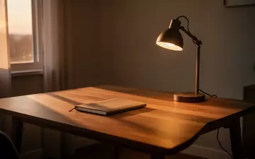 Ein aufgeräumter Schreibtisch mit einem geschlossenen Notizbuch und einer Schreibtischlampe in der Abenddämmerung. - Foto: über boerse-global.de