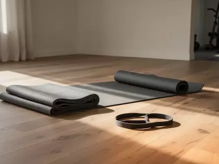 Ein minimalistischer Fitnessbereich zu Hause mit einer Yogamatte und einem Widerstandsband auf einem Holzboden. - Foto: über boerse-global.de