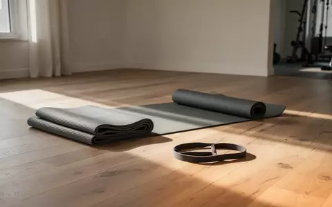 Ein minimalistischer Fitnessbereich zu Hause mit einer Yogamatte und einem Widerstandsband auf einem Holzboden. - Foto: über boerse-global.de