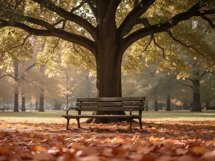 Eine ruhige Parkbank unter einem großen Baum in einer herbstlichen Landschaft mit fallendem Laub. - Foto: über boerse-global.de