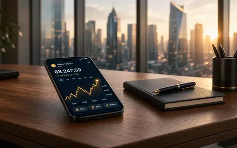 Ein Smartphone mit einem digitalen Währungsgraphen auf einem Schreibtisch vor einer verschwommenen Skyline. - Foto: über boerse-global.de