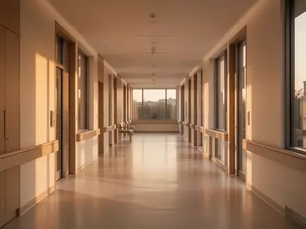 Ein minimalistisch gestalteter, leerer Flur in einer modernen Pflegeeinrichtung, durchflutet von natürlichem Licht. - Foto: über boerse-global.de
