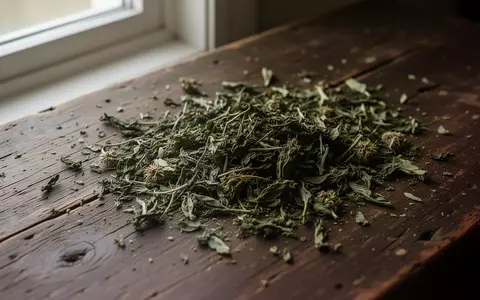 Getrocknete, zerkleinerte grüne Blätter auf einem rustikalen Holztisch bei natürlichem Licht. - Foto: über boerse-global.de