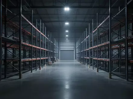 Ein leerer, modern beleuchteter Lagerraum mit Metallregalen in einer kühlen, nächtlichen Atmosphäre. - Foto: über boerse-global.de