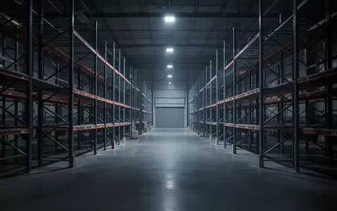 Ein leerer, modern beleuchteter Lagerraum mit Metallregalen in einer kühlen, nächtlichen Atmosphäre. - Foto: über boerse-global.de