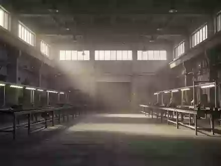 Eine leere, stille Industriehalle mit verlassenen Fertigungslinien und Betonboden in gedämpftem Licht. - Foto: über boerse-global.de