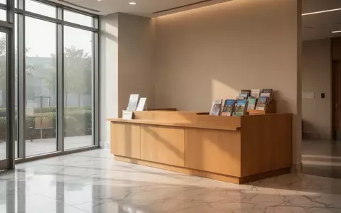 Ein heller, ruhiger Bereich in einem modernen Gemeindezentrum mit einem hölzernen Informationstresen und Tageslicht. - Foto: über boerse-global.de