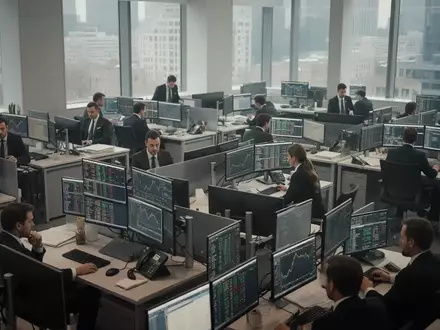 Börsenhändler in einem modernen Bürogebäude bei der Arbeit. - Foto: über boerse-global.de