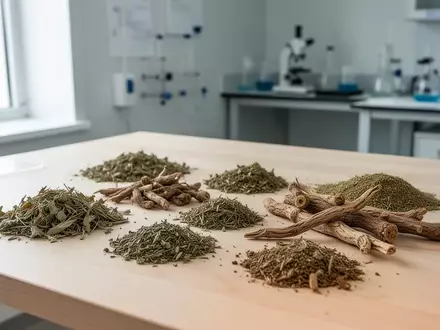 Getrocknete Heilkräuter und Wurzeln auf einer sauberen Laboroberfläche zur wissenschaftlichen Untersuchung. - Foto: über boerse-global.de
