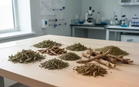 Getrocknete Heilkräuter und Wurzeln auf einer sauberen Laboroberfläche zur wissenschaftlichen Untersuchung. - Foto: über boerse-global.de
