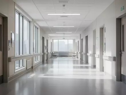 Ein moderner, heller Klinikflur eines Universitätsklinikums in einer sterilen und architektonisch klaren Umgebung. - Foto: über boerse-global.de
