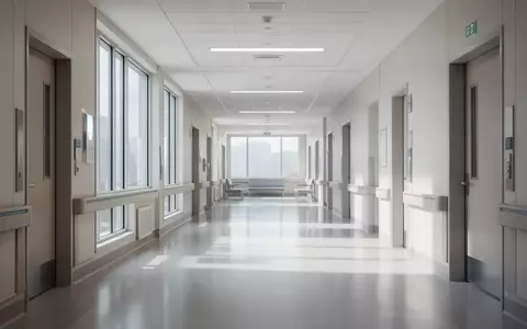 Ein moderner, heller Klinikflur eines Universitätsklinikums in einer sterilen und architektonisch klaren Umgebung. - Foto: über boerse-global.de