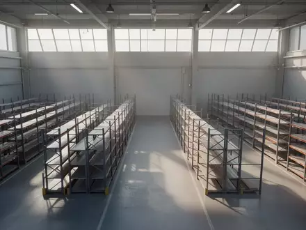 Ein minimalistisch gestalteter Logistikbereich mit leeren Regalsystemen in einem modernen Lagerhaus bei natürlichem Tageslicht. - Foto: über boerse-global.de