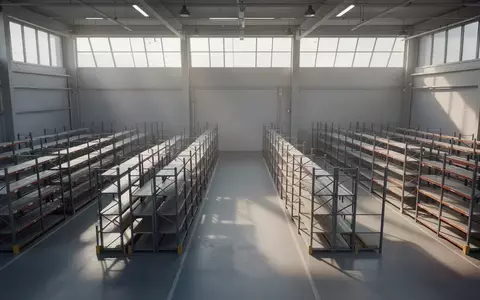 Ein minimalistisch gestalteter Logistikbereich mit leeren Regalsystemen in einem modernen Lagerhaus bei natürlichem Tageslicht. - Foto: über boerse-global.de