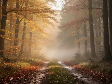 Herbstliche Waldlandschaft in Thüringen mit herabgefallenen Blättern und nebliger Morgenstimmung bei goldenem Licht. - Foto: über boerse-global.de
