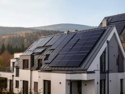 Moderne Mehrfamilienhäuser mit integrierten Photovoltaik-Fassaden und Dachanlagen in einer bergigen Landschaft. - Foto: über boerse-global.de