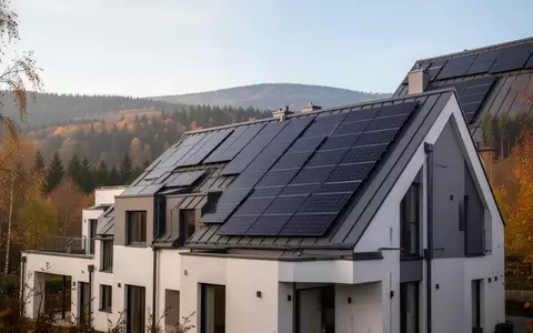 Moderne Mehrfamilienhäuser mit integrierten Photovoltaik-Fassaden und Dachanlagen in einer bergigen Landschaft. - Foto: über boerse-global.de