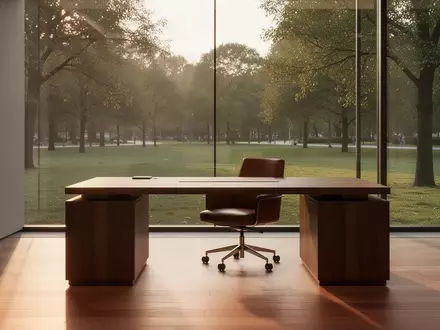 Ein minimalistischer, leerer Büroarbeitsplatz mit einem Schreibtisch und Blick in einen ruhigen Park bei Sonnenuntergang. - Foto: über boerse-global.de
